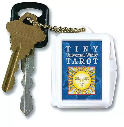 Tiny Universal Waite Tarot keychain deck with the Sun card illustration on the case cover.
