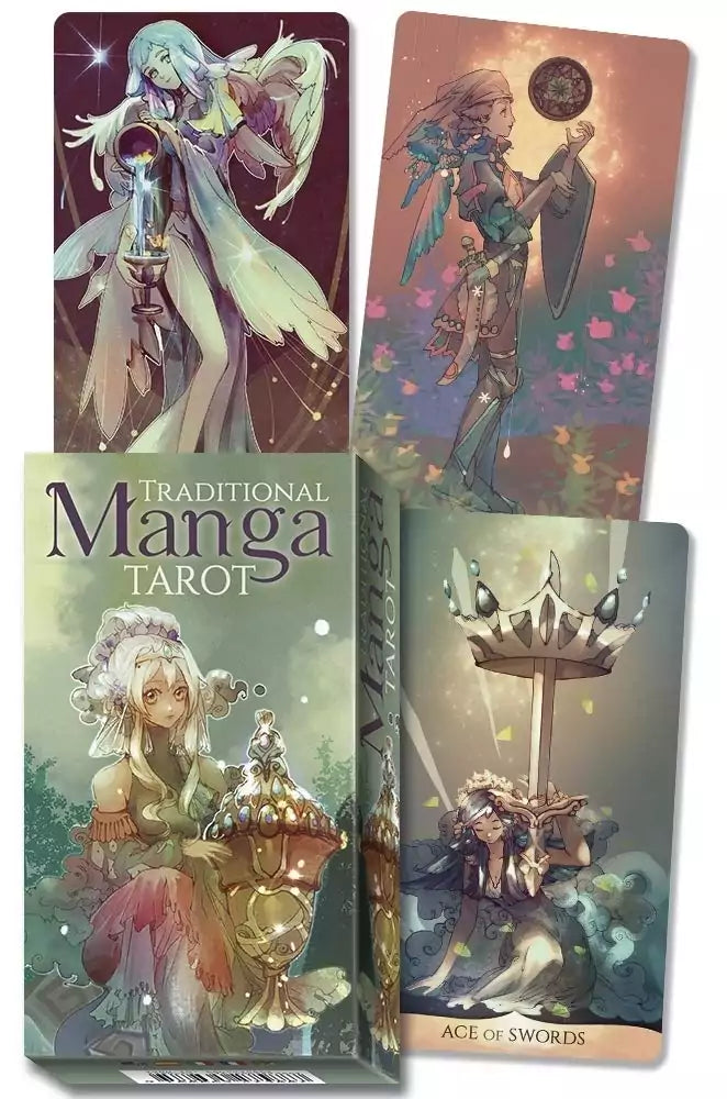 Traditional Manga Tarot cards by Shou Xueting from Lo Scarabeo showing colorful anime-style illustrated characters including the Ace card in vibrant manga art style.