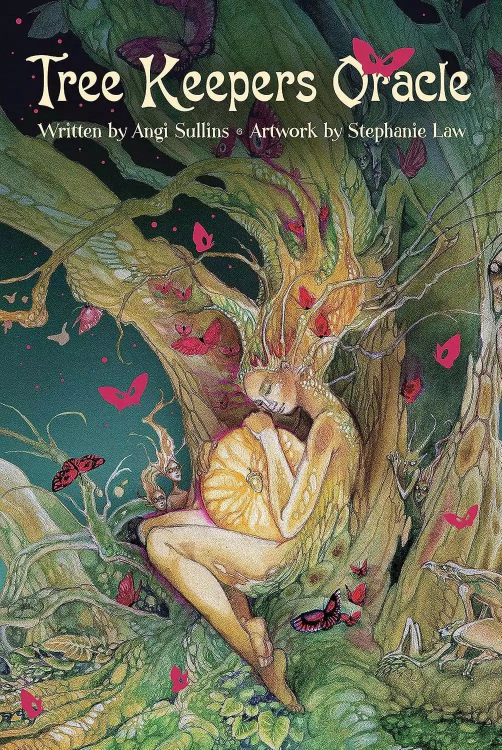 Oracle card with a figure intertwined with a tree surrounded by butterflies and vibrant foliage from the Tree Keepers Oracle deck