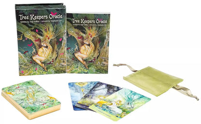 Tree Keepers Oracle deck set with cards guidebook and drawstring bag featuring vibrant nature-themed illustrations on a plain background