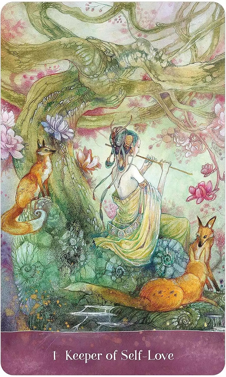 Oracle card showing a serene figure playing a flute under a vibrant tree surrounded by flowers and two attentive foxes representing self-love