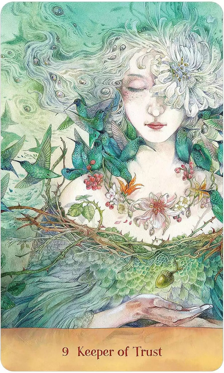 Oracle card showing a flower-adorned figure surrounded by birds conveying trust and peaceful connection with nature from Tree Keepers Oracle