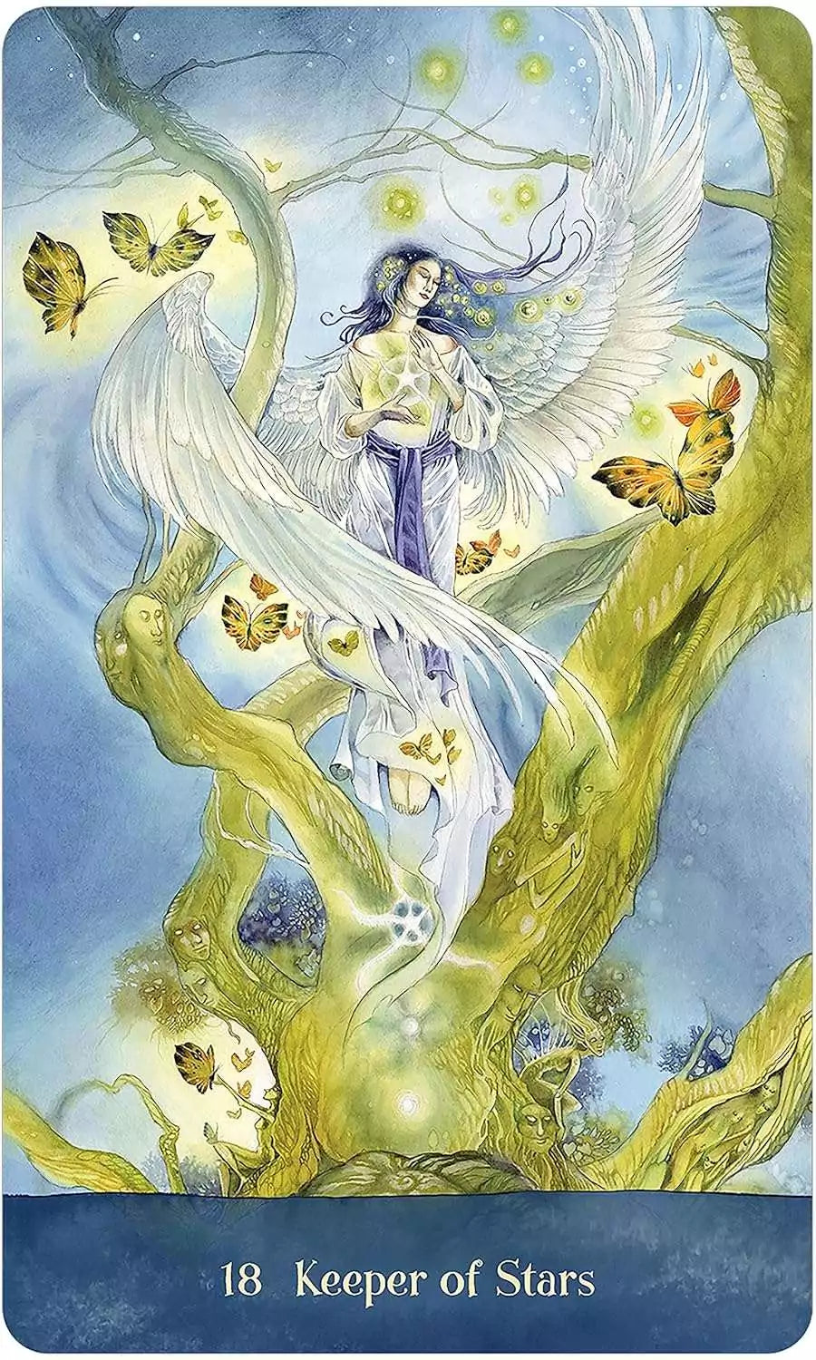 Celestial winged oracle card figure amidst a vibrant magical landscape with butterflies and glowing orbs from Tree Keepers Oracle deck