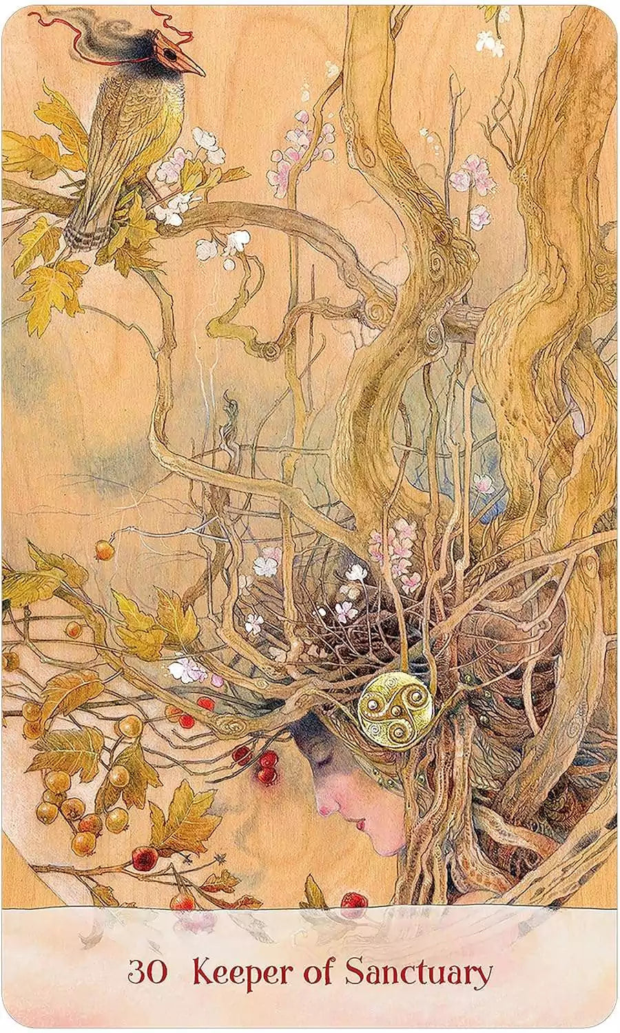 Oracle card featuring a serene figure with intertwined branches and flowers as hair with a small bird perched nearby conveying natural tranquility