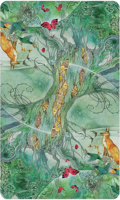 Vibrant illustration of a mystical tree surrounded by animals and butterflies with intricate green patterns showing harmony with nature