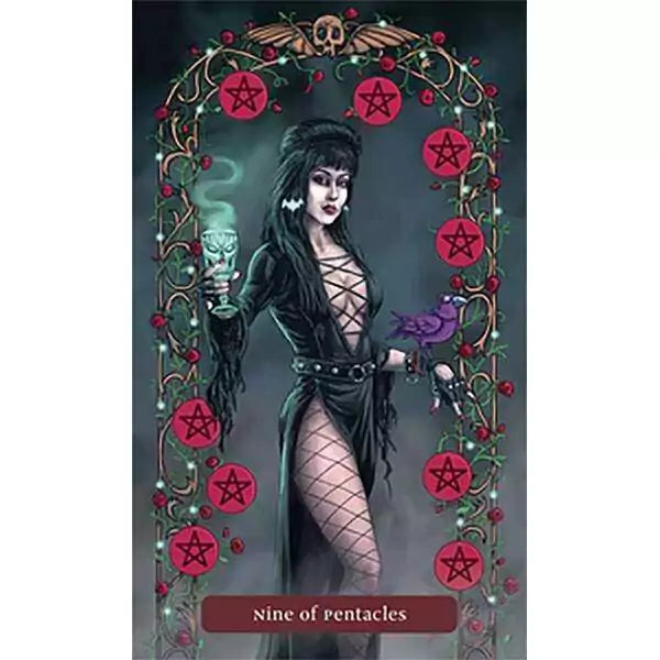 Trick or Treat Tarot card depicting a dark-haired character in Halloween costume holding a drink — gothic candy-themed tarot imagery by Jonathan Hunt.