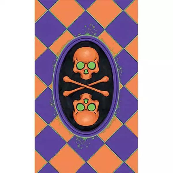 Trick or Treat Tarot card featuring two orange skulls with green eyes — vibrant Halloween motif tarot illustration in Jonathan Hunt&