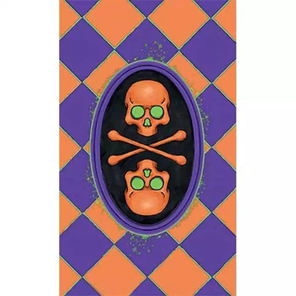 Trick or Treat Tarot card featuring two orange skulls with green eyes — vibrant Halloween motif tarot illustration in Jonathan Hunt&