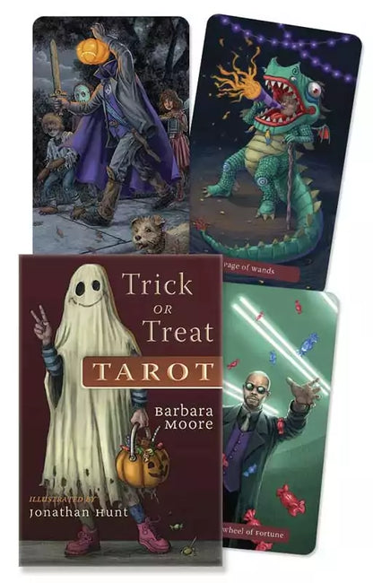 Trick or Treat Tarot deck and book set — collection of Halloween-themed tarot cards with costume imagery alongside Jonathan Hunt&