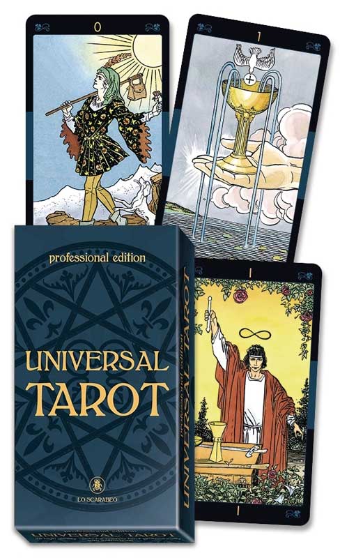A deck of Universal Tarot cards is displayed, featuring three cards: a figure in a flowing dress, a cup, and a seated man with a staff, all set against a decorative box.