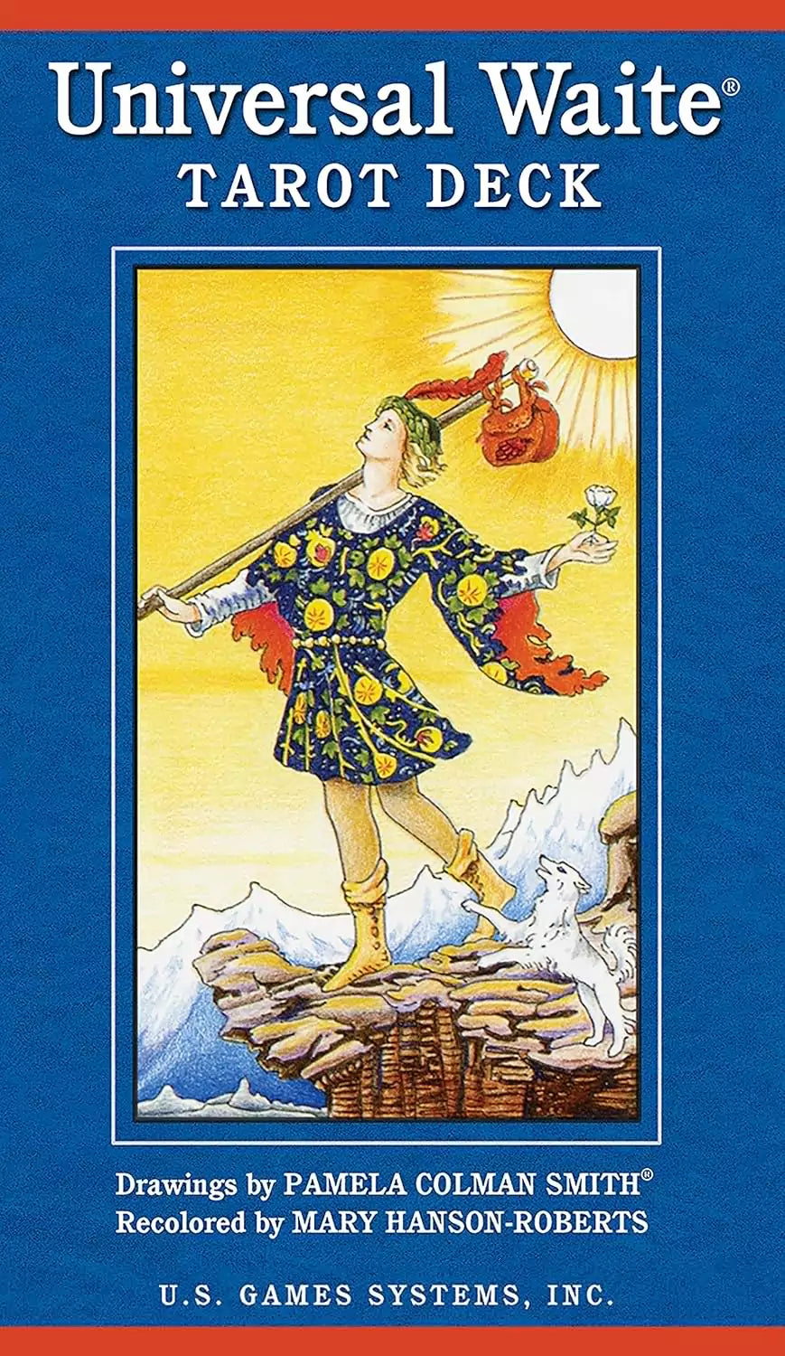 Universal Waite Tarot deck box and spread of cards showing Mary Hanson-Roberts&