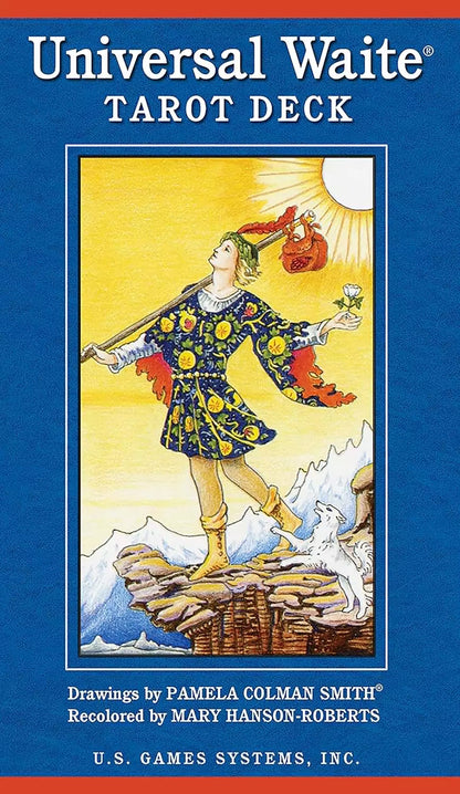 Universal Waite Tarot deck box and spread of cards showing Mary Hanson-Roberts&