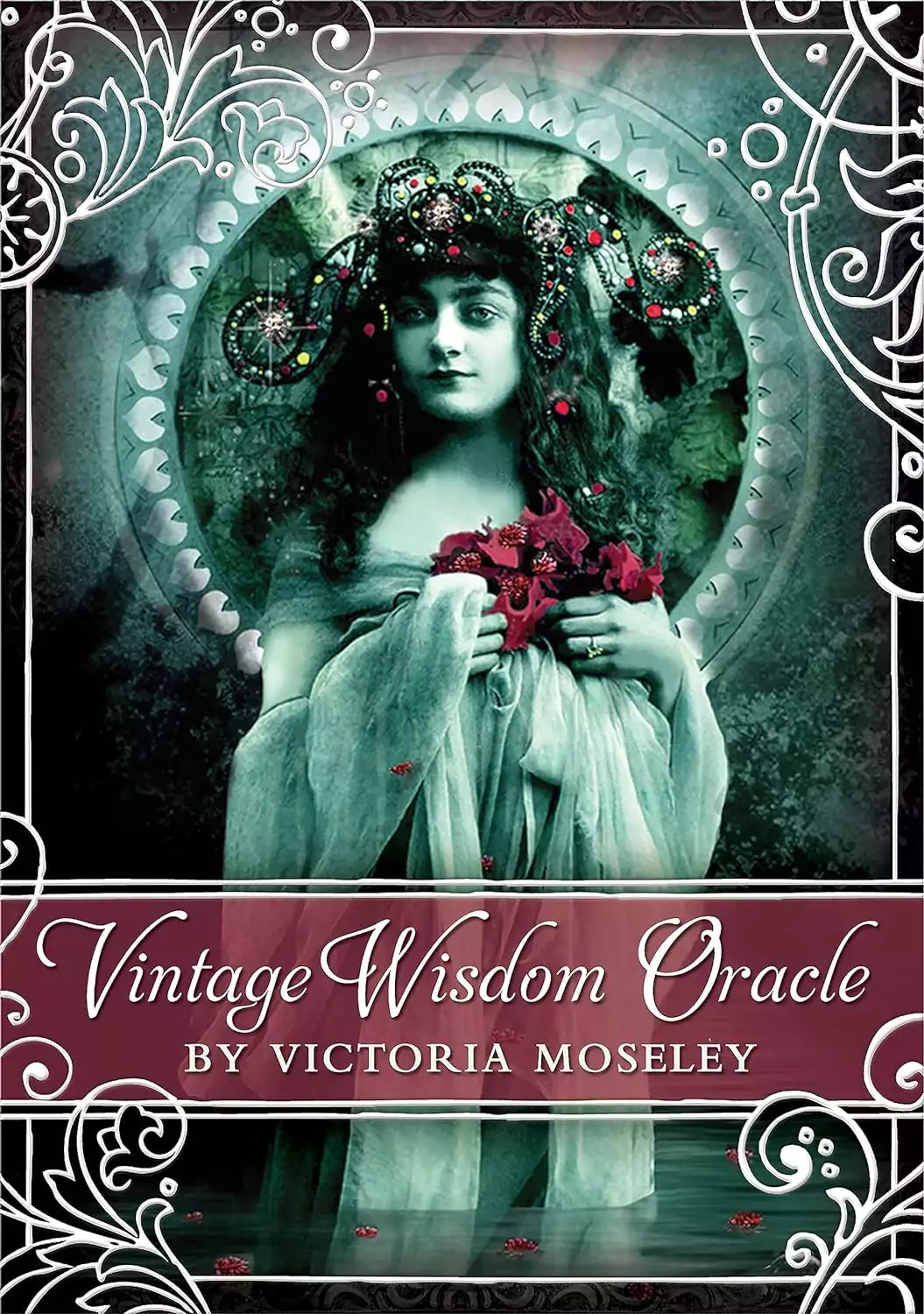 Vintage Wisdom Oracle Deck card illustration featuring a woman in flowing dress with red roses against a Victorian decorative background — mystical wisdom and intuition oracle imagery.