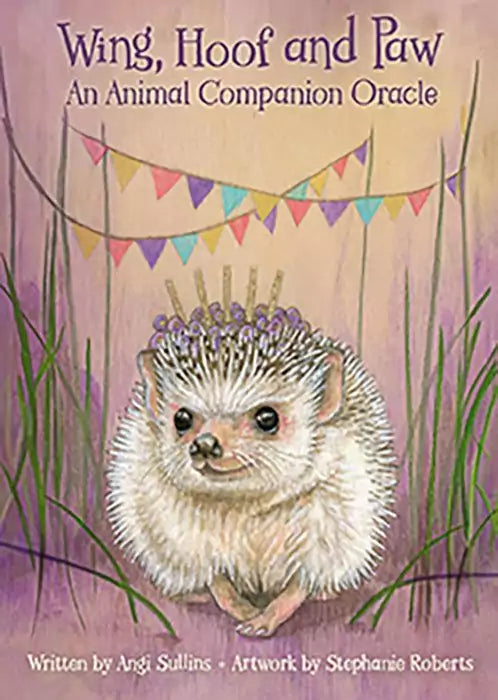 Whimsical illustration of a hedgehog with crown of lavender surrounded by colorful bunting on the Wing Hoof and Paw animal oracle deck card