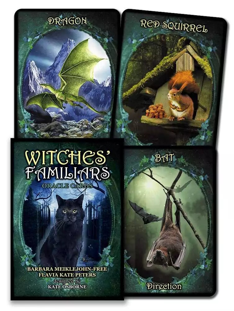 Witches Familiars Oracle deck box by Meiklejohn-Free and Peters showing animal spirit card art