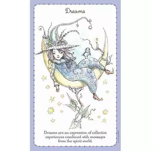 Witchlings card depicting a girl on a crescent moon surrounded by stars with a small bird — text about dreams as spirit world messages.