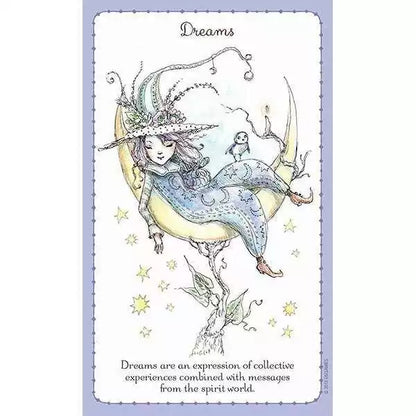Witchlings card depicting a girl on a crescent moon surrounded by stars with a small bird — text about dreams as spirit world messages.