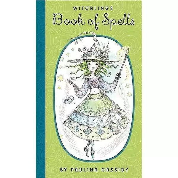 Cover of the Witchlings Book of Spells by Paulina Cassidy — a witch in a colorful dress with a wand and magical elements.