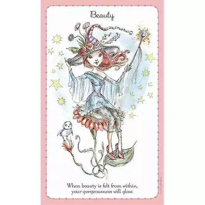 Witchlings card of a fairy-like character on a flower with a small animal — text emphasizing inner beauty.