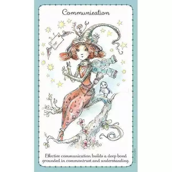 Witchlings card with a red-haired girl adorned with stars holding objects representing communication — light blue background.