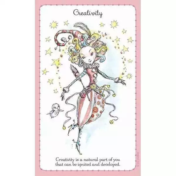 Witchlings card showing a playful character with colorful hair and striped outfit among stars — card text about creativity.