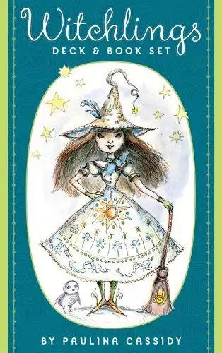 Witchlings oracle card featuring a young witch in a teal dress with a pointed hat, broomstick, and owl companion on a starry background.