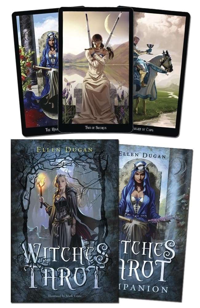 Witches Tarot deck box by Ellen Dugan with Wiccan nature-based artwork on the lid — 78-card tarot kit for Wiccan practice.