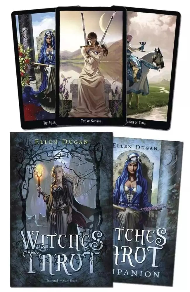 Witches Tarot deck box by Ellen Dugan with Wiccan nature-based artwork on the lid — 78-card tarot kit for Wiccan practice.