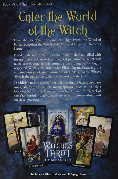 Witches Tarot companion book by Ellen Dugan open alongside several tarot cards showing the Wiccan imagery and card descriptions.
