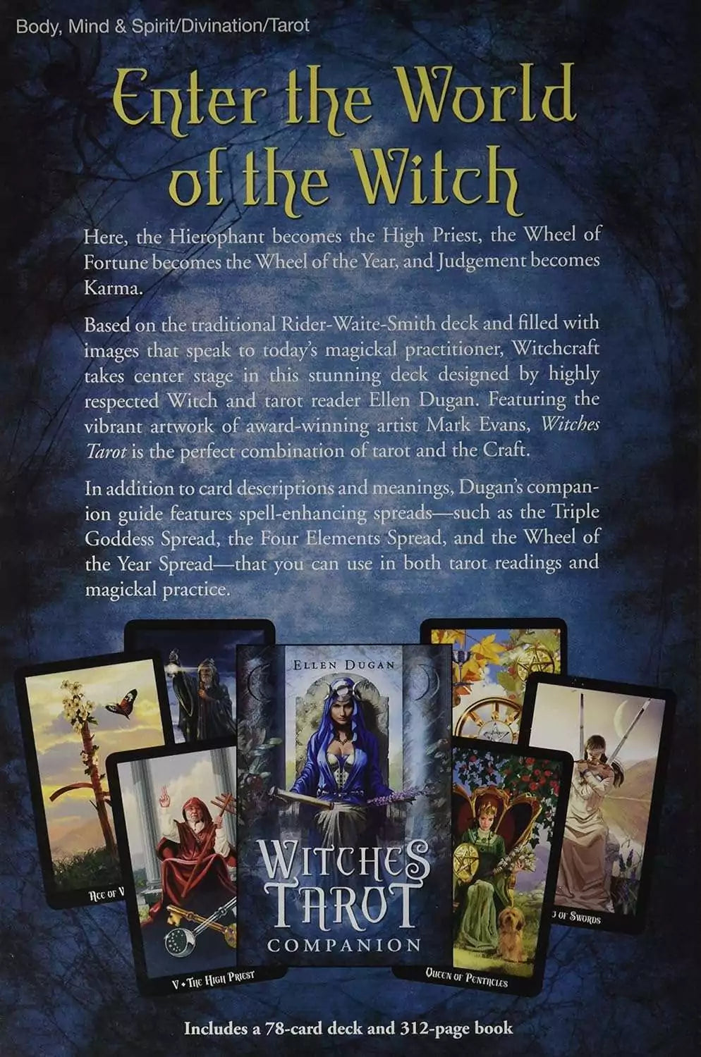 Witches Tarot companion book by Ellen Dugan open alongside several tarot cards showing the Wiccan imagery and card descriptions.