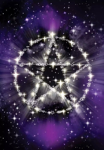 A glowing pentagram surrounded by sparkling stars against a deep purple and black background — a Witches&