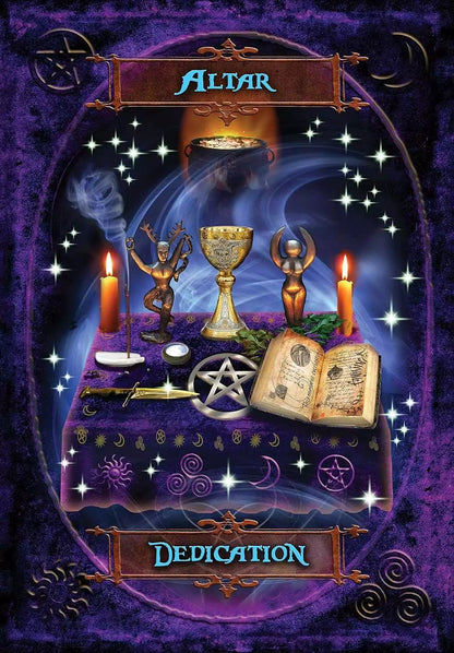 A mystical altar scene featuring lit candles, a chalice, deity statues, and an open ritual book — a Witches&