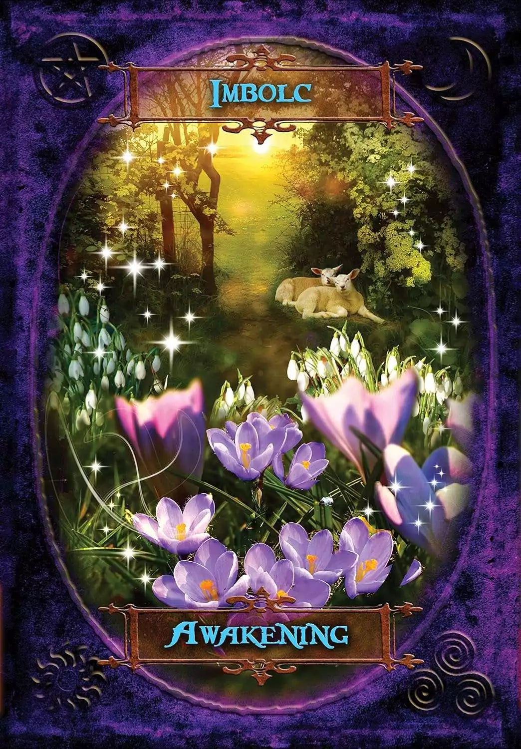 A vibrant forest scene with blooming wildflowers, magical light, and lush green foliage — a Witches&