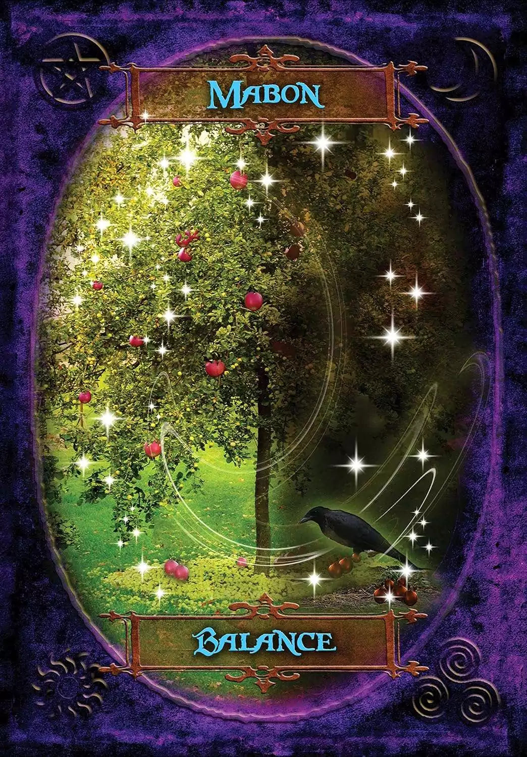 A mystical tree adorned with red fruits and autumn foliage standing in a lush green clearing surrounded by magical forest light — a Witches&