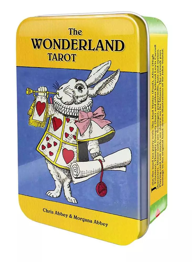 Wonderland Tarot tin box with colorful Alice in Wonderland illustrations — pocket-sized 78-card tarot deck by Abbey and Abbey.