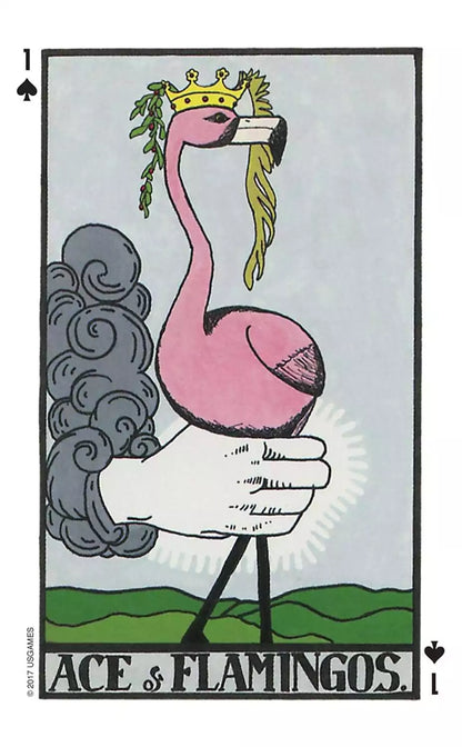 Pink flamingo character wearing a crown and holding a branch — illustrated Wonderland Tarot card from the US Games Systems edition.