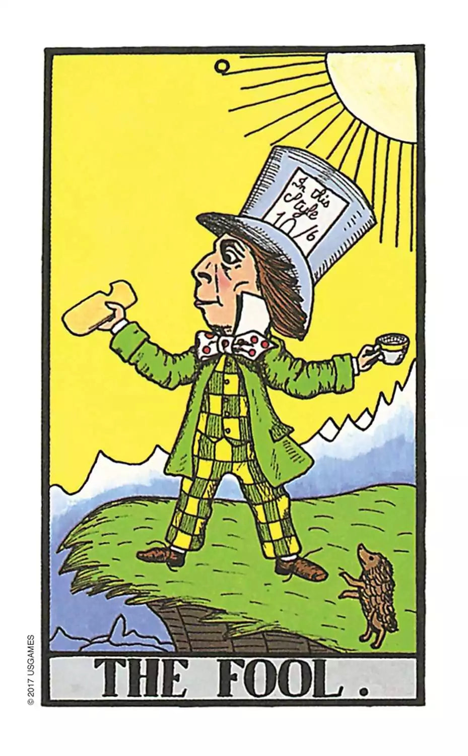 Whimsical tall-hatted character standing on a cliff — illustrated card from the Wonderland Tarot in a Tin deck.