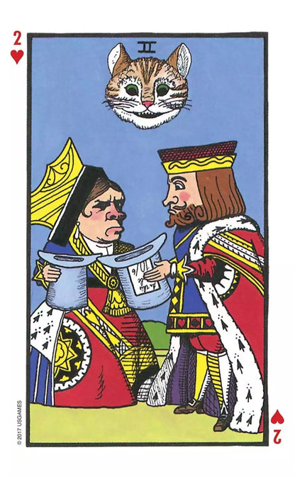 Wonderland Tarot card featuring two playing card figures in a whimsical Alice in Wonderland illustrated style.