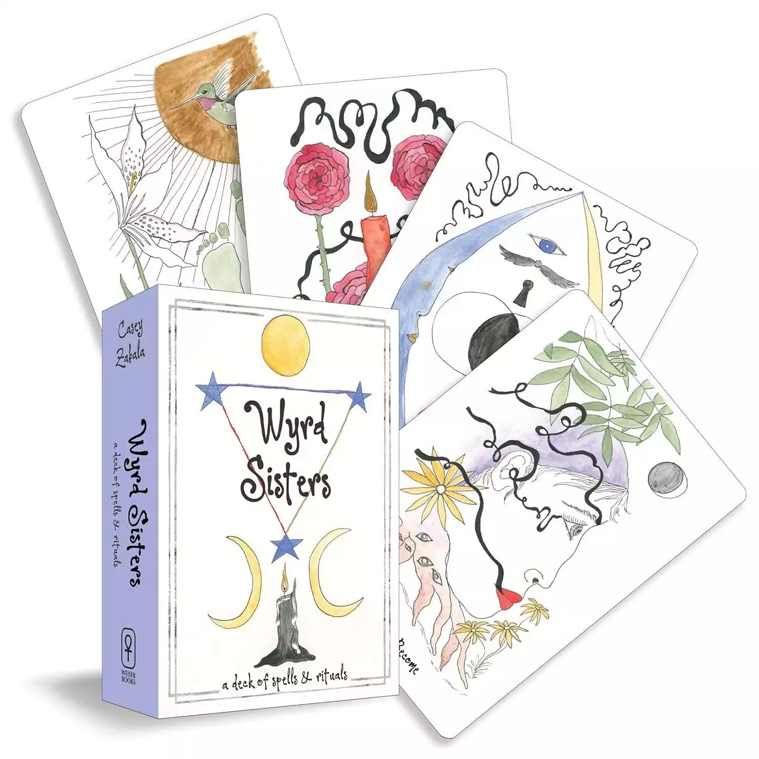 Wyrd Sisters Oracle deck by Casey Zabala showing spread of illustrated cards with witchy magical symbols and bold colorful art