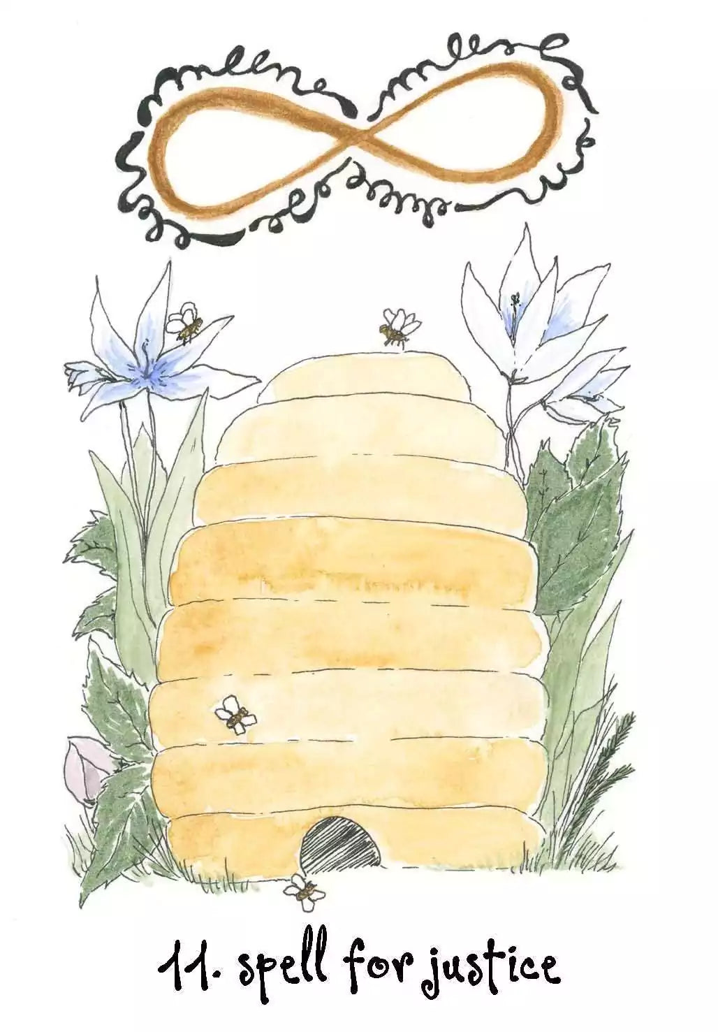 Wyrd Sisters Oracle card showing a whimsical beehive illustration surrounded by flowers and natural magical symbols
