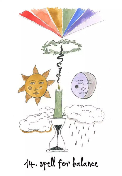 Wyrd Sisters Oracle card with colorful illustration depicting a balancing spell with celestial and botanical elements