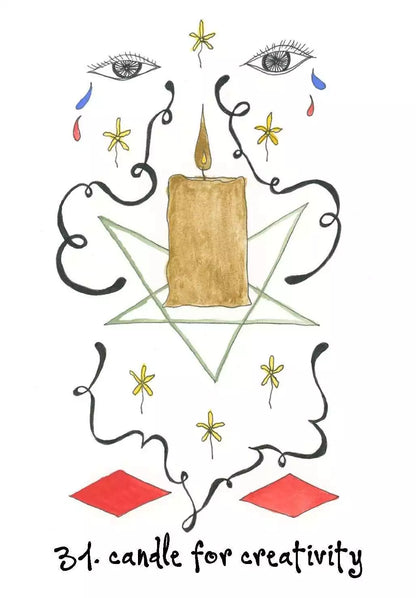 Wyrd Sisters Oracle card featuring a candle surrounded by ritual tools and decorative floral magical iconography