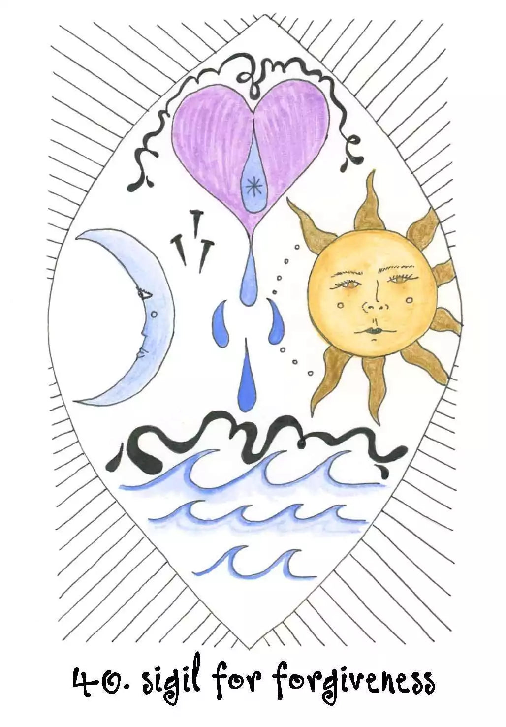 Wyrd Sisters Oracle card featuring a colorful heart with crescent moon and star symbols in a bold whimsical illustration