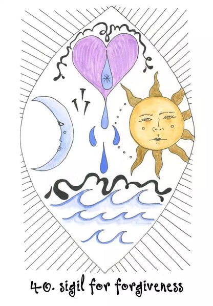 Wyrd Sisters Oracle card featuring a colorful heart with crescent moon and star symbols in a bold whimsical illustration