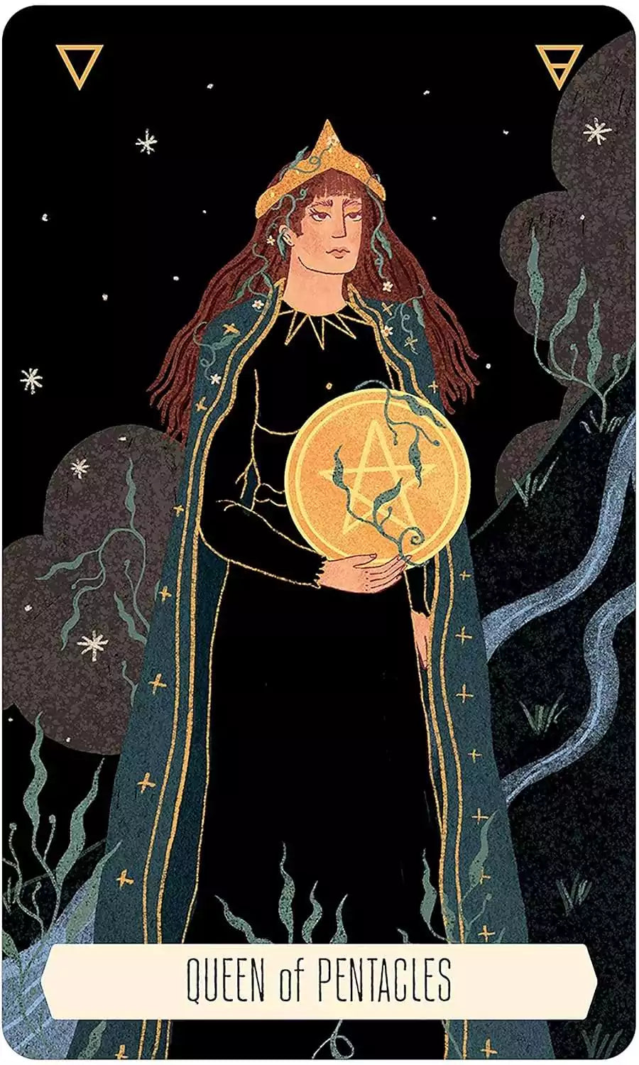 Woman in flowing robe holding a golden pentacle — tarot card from the Zodiac Tarot deck showing astrological imagery.