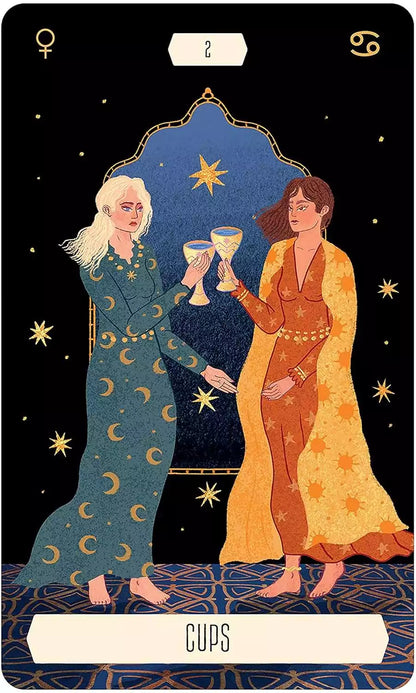Two women in colorful dresses holding chalices against a bright background — cup suit card from the Zodiac Tarot.
