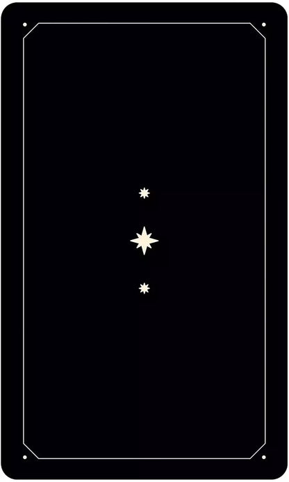 Black tarot card featuring three vertical star-like symbols — back design or celestial card from the Zodiac Tarot deck.