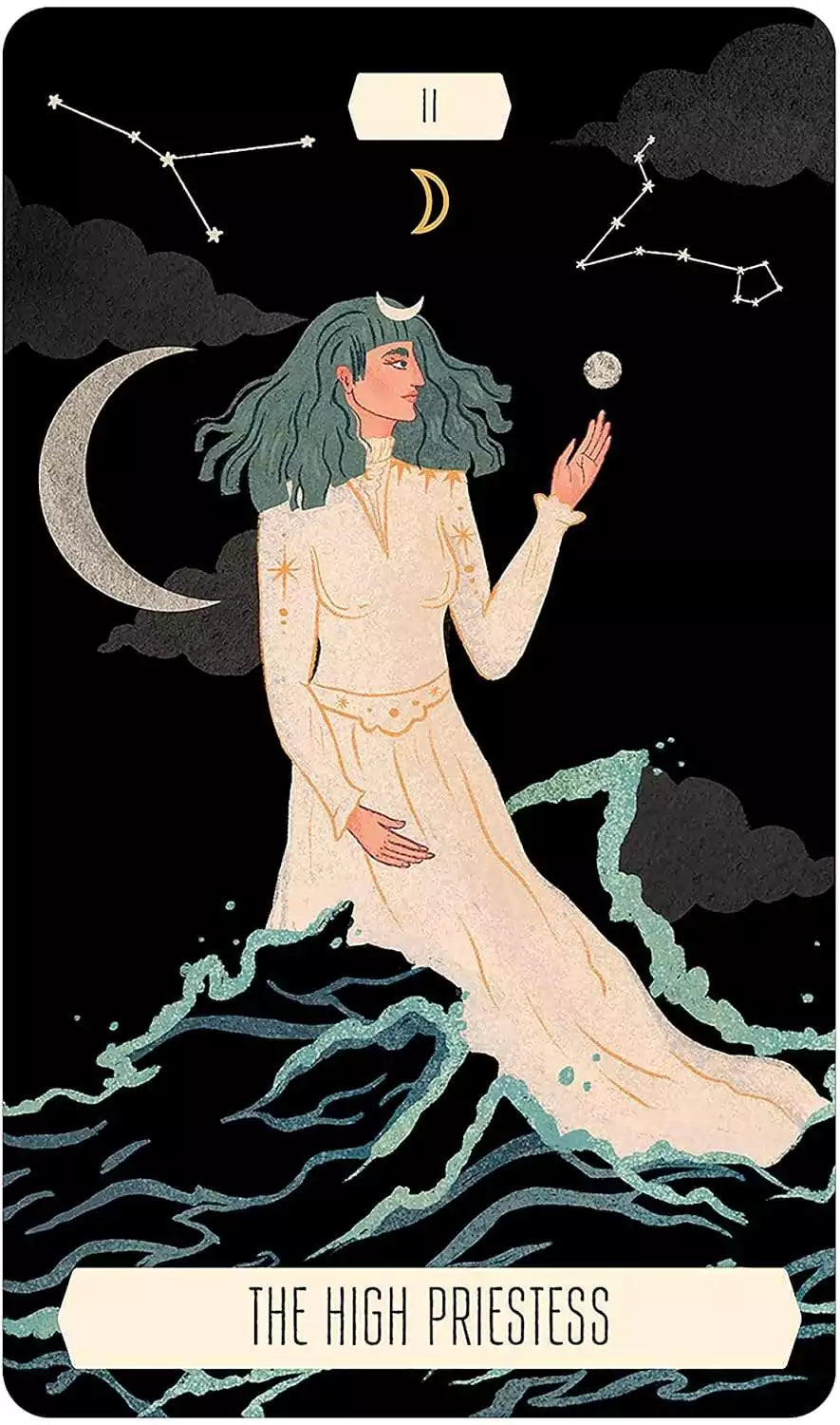 Mystical figure in a white gown standing in water — Zodiac Tarot card with water and lunar imagery by Ana Chavez.