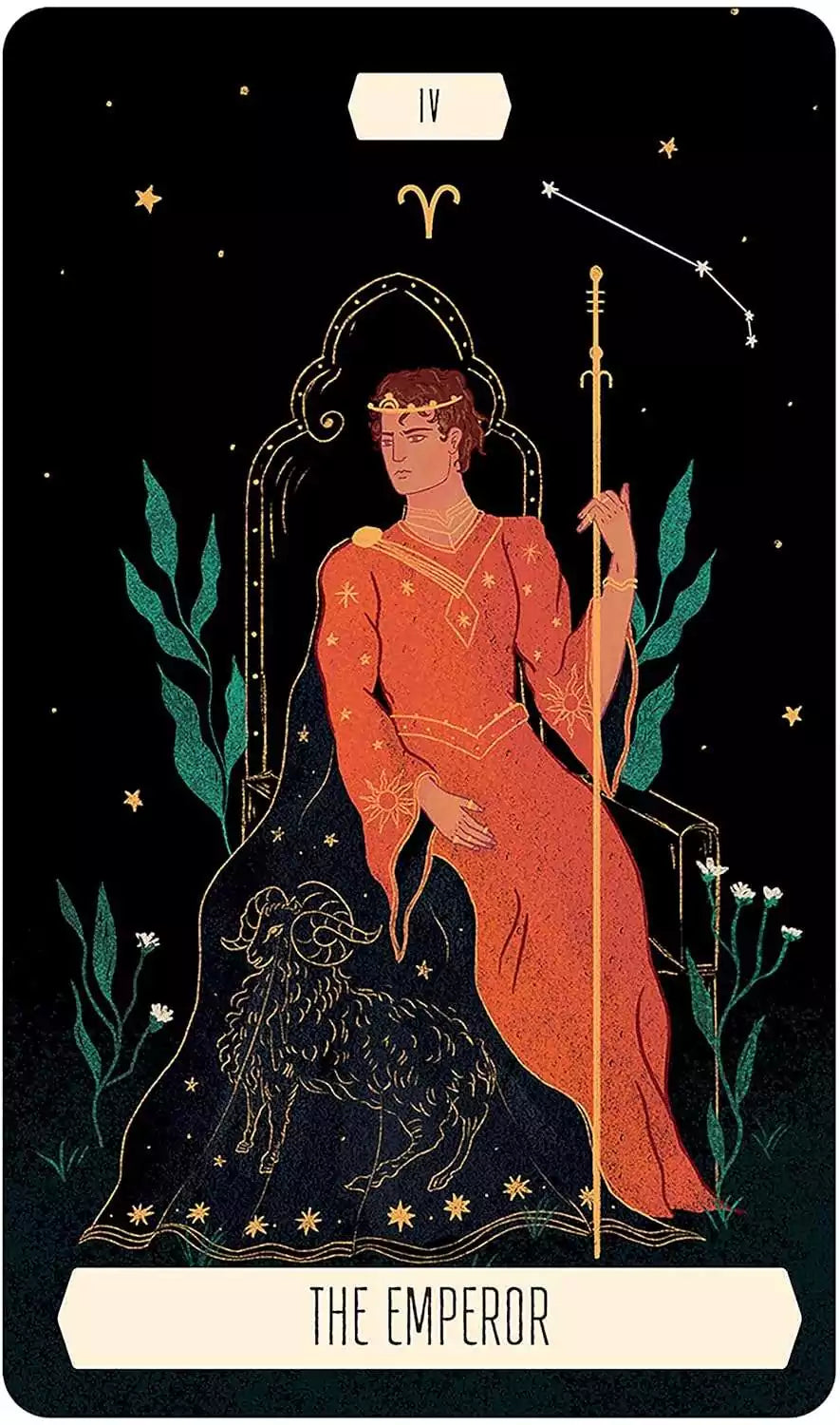 Regal figure in flowing red robe seated on a throne — Major Arcana illustration from the Zodiac Tarot deck.