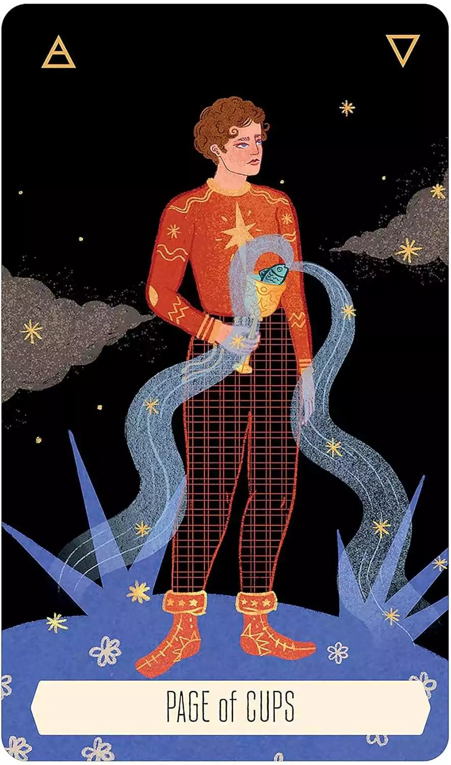Young man in bright attire holding a cup with water flowing — court card illustration from the Zodiac Tarot deck.